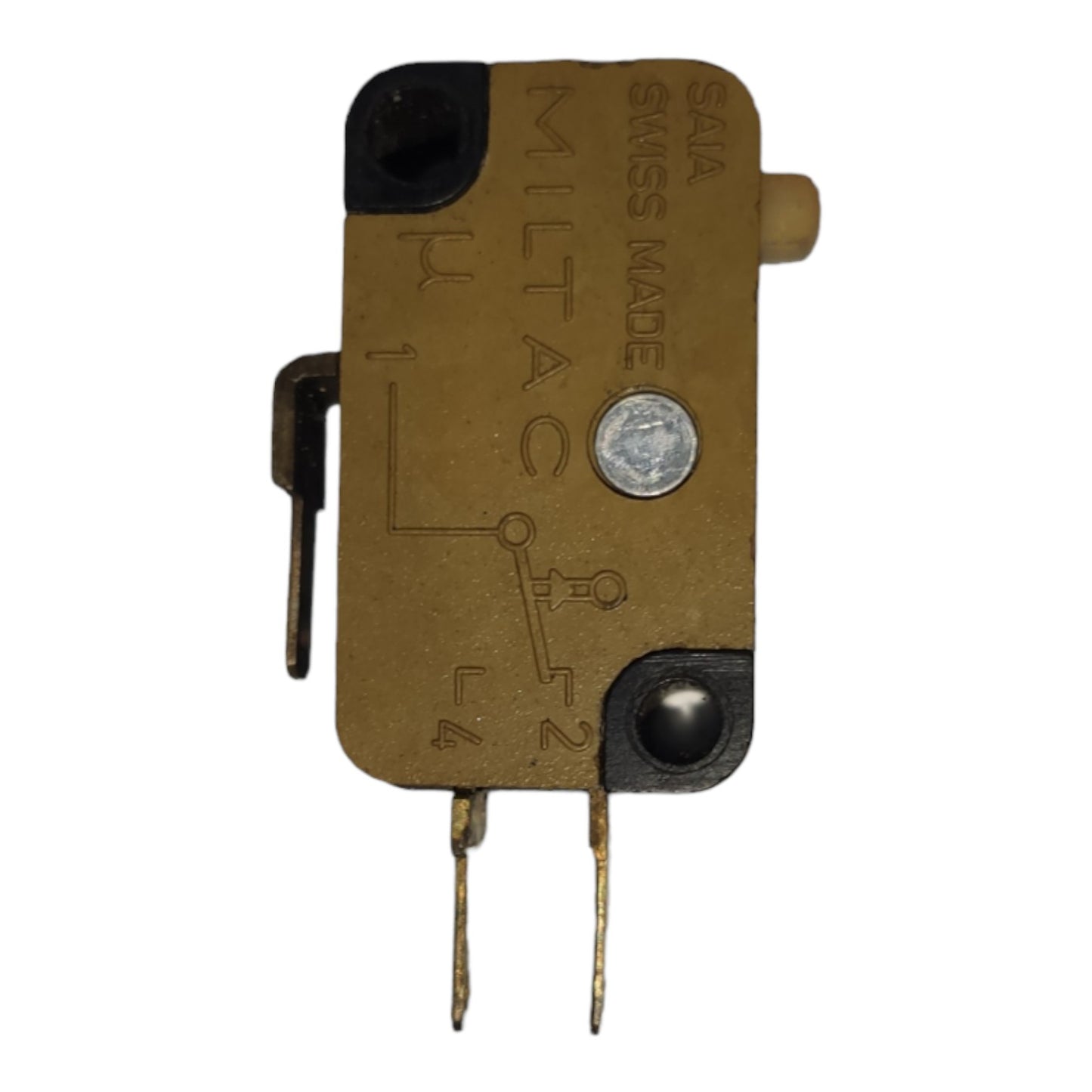 Microswitch with 'Swiss Made' branding on a white background
