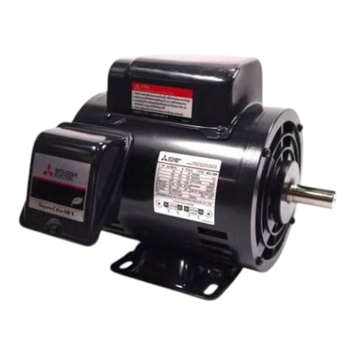 A black Mitsubishi Electric industrial electric motor with a metal output shaft, mounting bracket, and control box, shown on a white background.