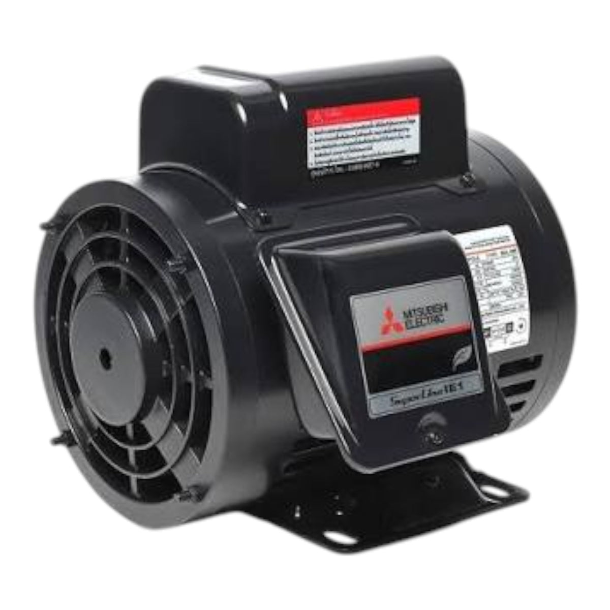 A black Mitsubishi Electric Supplied Flow LE1 centrifugal fan motor with a protective front cover and mounting bracket, shown on a white background.