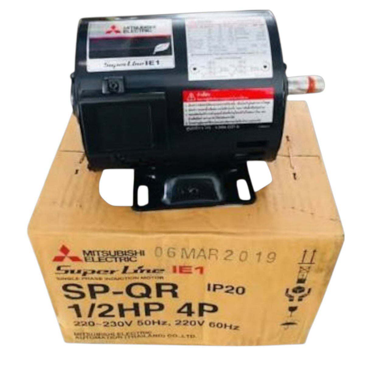 A Mitsubishi Electric SP-QR 1/2HP 4P industrial induction motor on its original cardboard box, photographed against a white background.