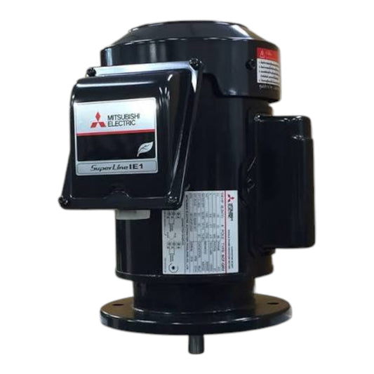 A black Mitsubishi Electric Super Line IE1 induction motor with a prominent brand badge on the side, set against a plain white background.