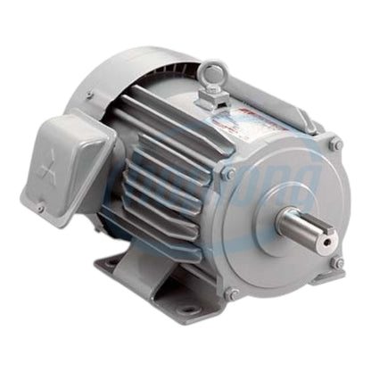 A gray industrial electric motor with a ribbed metal body, mounting brackets, a side protective cover, and a metal output shaft, shown on a plain white background.