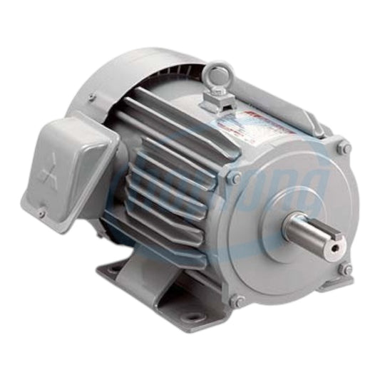 A gray industrial electric motor with a ribbed metal body, mounting brackets, a side protective cover, and a metal output shaft, shown on a plain white background.