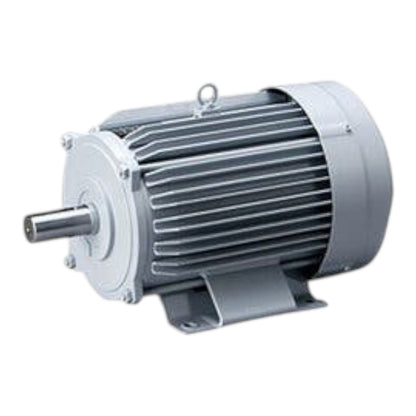 A gray industrial electric motor with a ribbed metal housing, a metal mounting bracket, and a protruding shaft, shown on a plain white background.