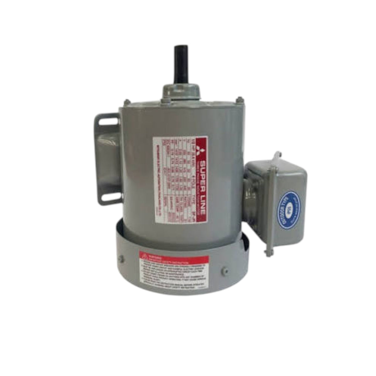 A gray industrial electric motor with a metal mounting bracket, a black shaft, a side terminal box, and red and white technical specification labels.