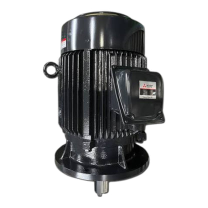 A black industrial electric motor with a ribbed cylindrical body, a mounting ring on the side, and a small labeled cover on the side, isolated on a white background.