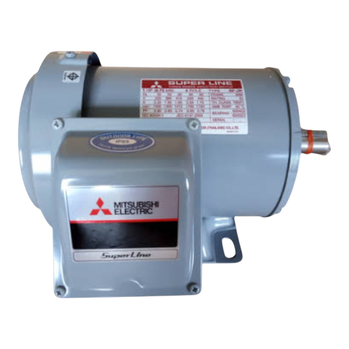 A Mitsubishi Electric Super Line industrial electric motor with a gray metal casing, featuring a front-mounted terminal box and a technical specification label on the side.