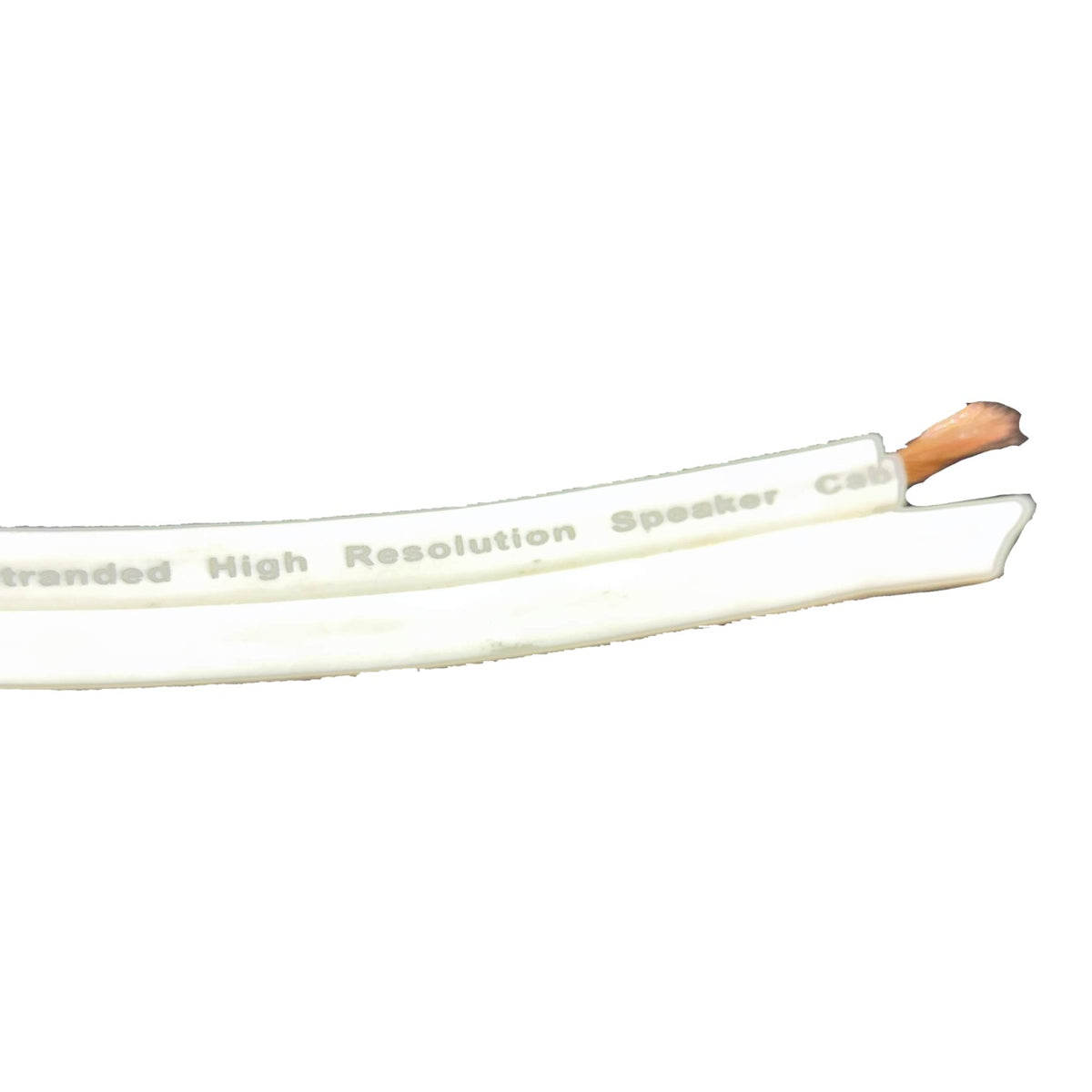 A close-up of a white speaker cable with printed text reading 'Stranded High Resolution Speaker Cat' and a small exposed copper wire end.