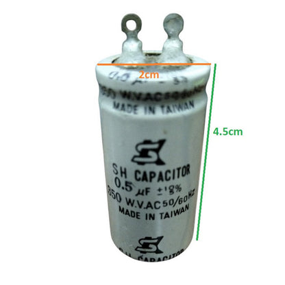 350V AC Motor Running Capacitor in white with specifications and dimensions visible