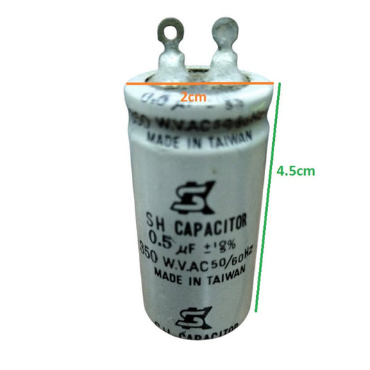 350V AC Motor Running Capacitor in white with specifications and dimensions visible