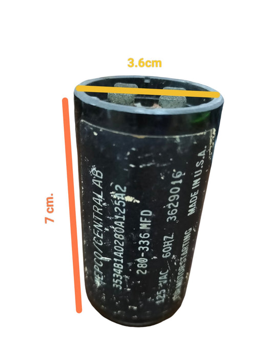 Black motor starting capacitor 280-366 MFD with electrical specifications printed on its cylindrical body
