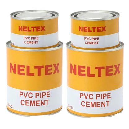 Four yellow and white Neltex PVC Pipe Cement cans arranged in two pairs of two on a plain white background.