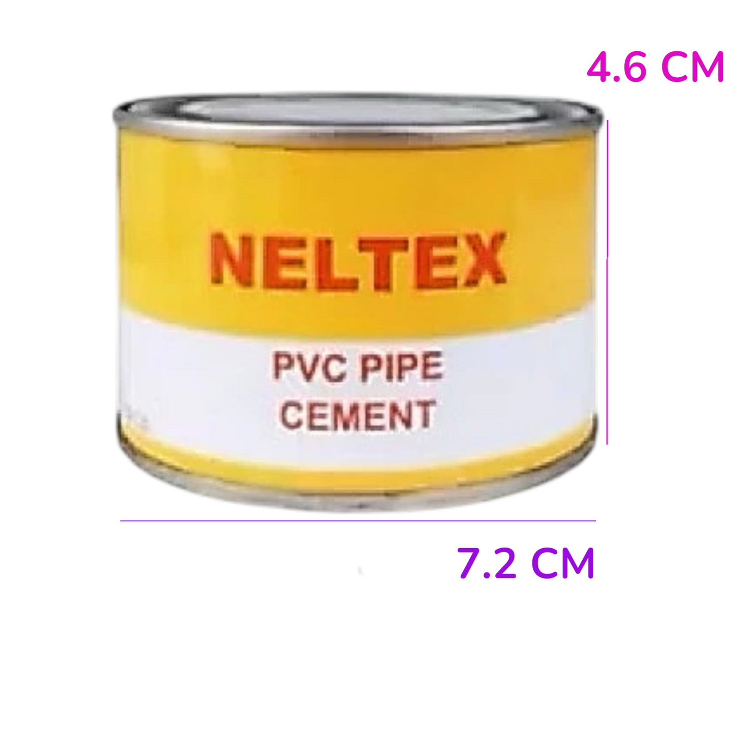 A can of NELTEX PVC Pipe Cement on a white background with purple dimension lines indicating a height of 4.6 cm and a diameter of 7.