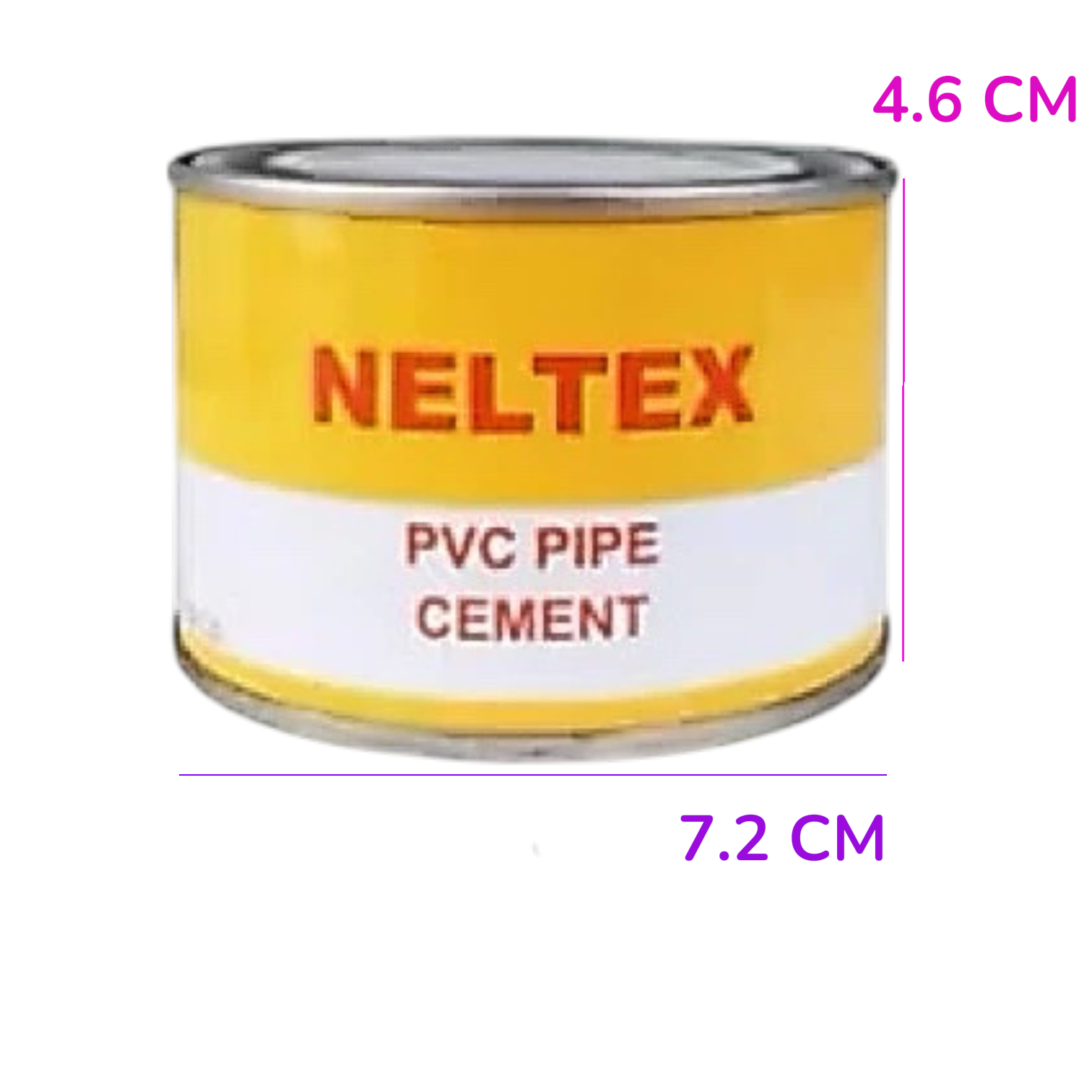 A can of NELTEX PVC Pipe Cement on a white background with purple dimension lines indicating a height of 4.6 cm and a diameter of 7.