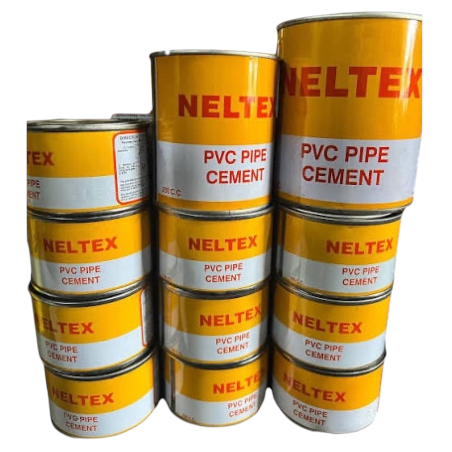 A stack of Neltex PVC Pipe Cement cans, with yellow and white labels and red branding, isolated on a white background.