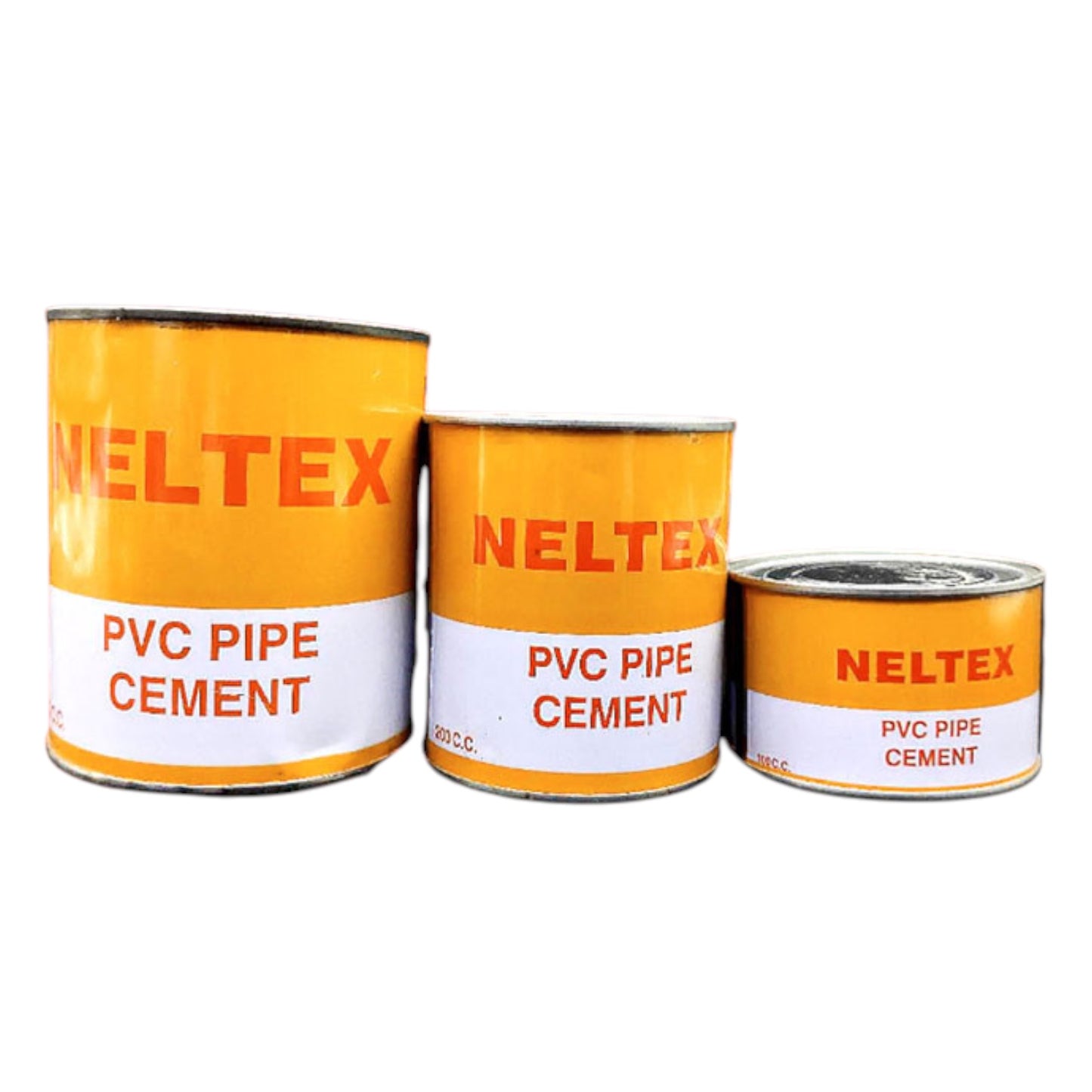 Three orange and white metal cans of Neltex PVC Pipe Cement in different sizes, arranged against a plain white background.