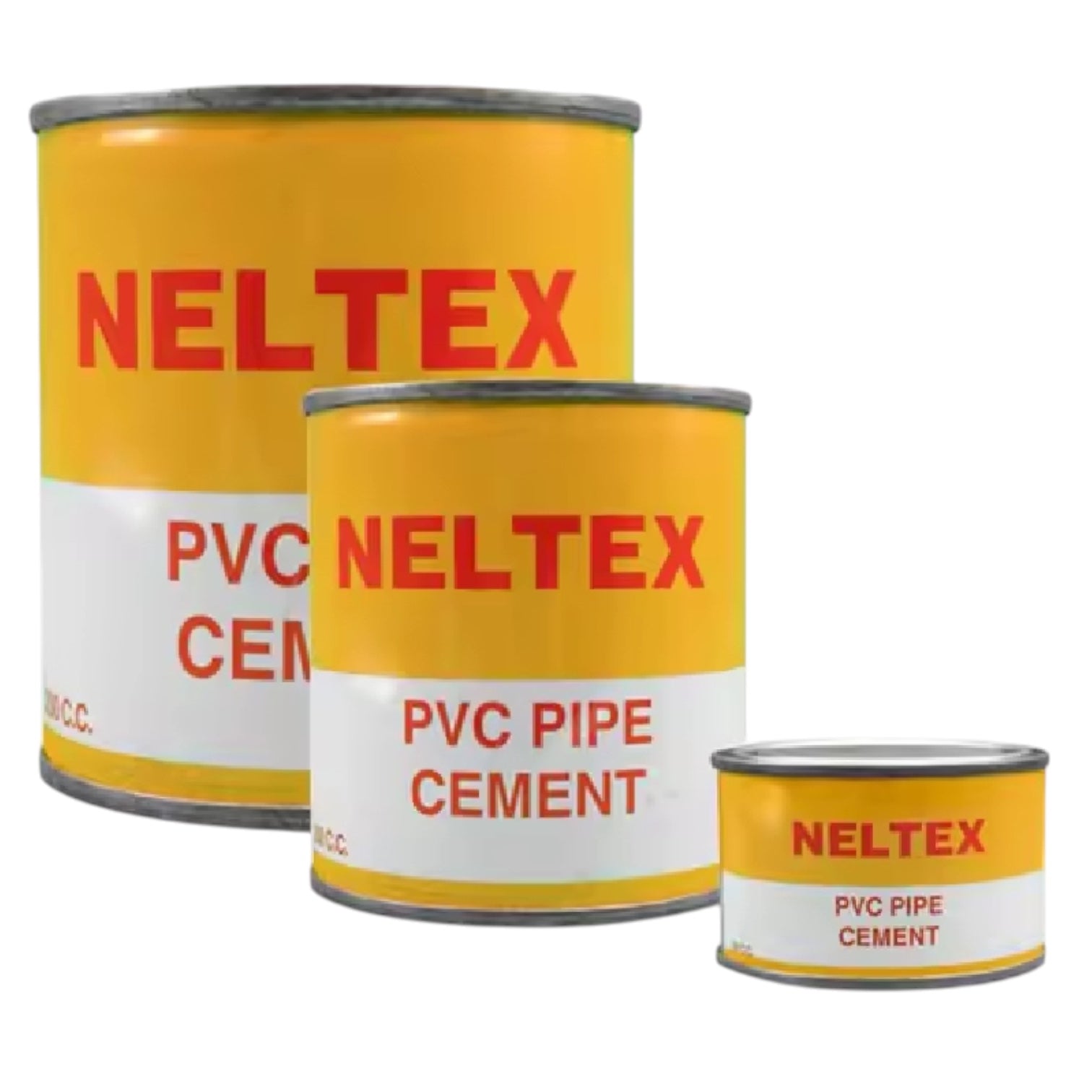 Three metal cans of Neltex PVC Pipe Cement in yellow and white packaging, shown in a size progression on a plain white background.