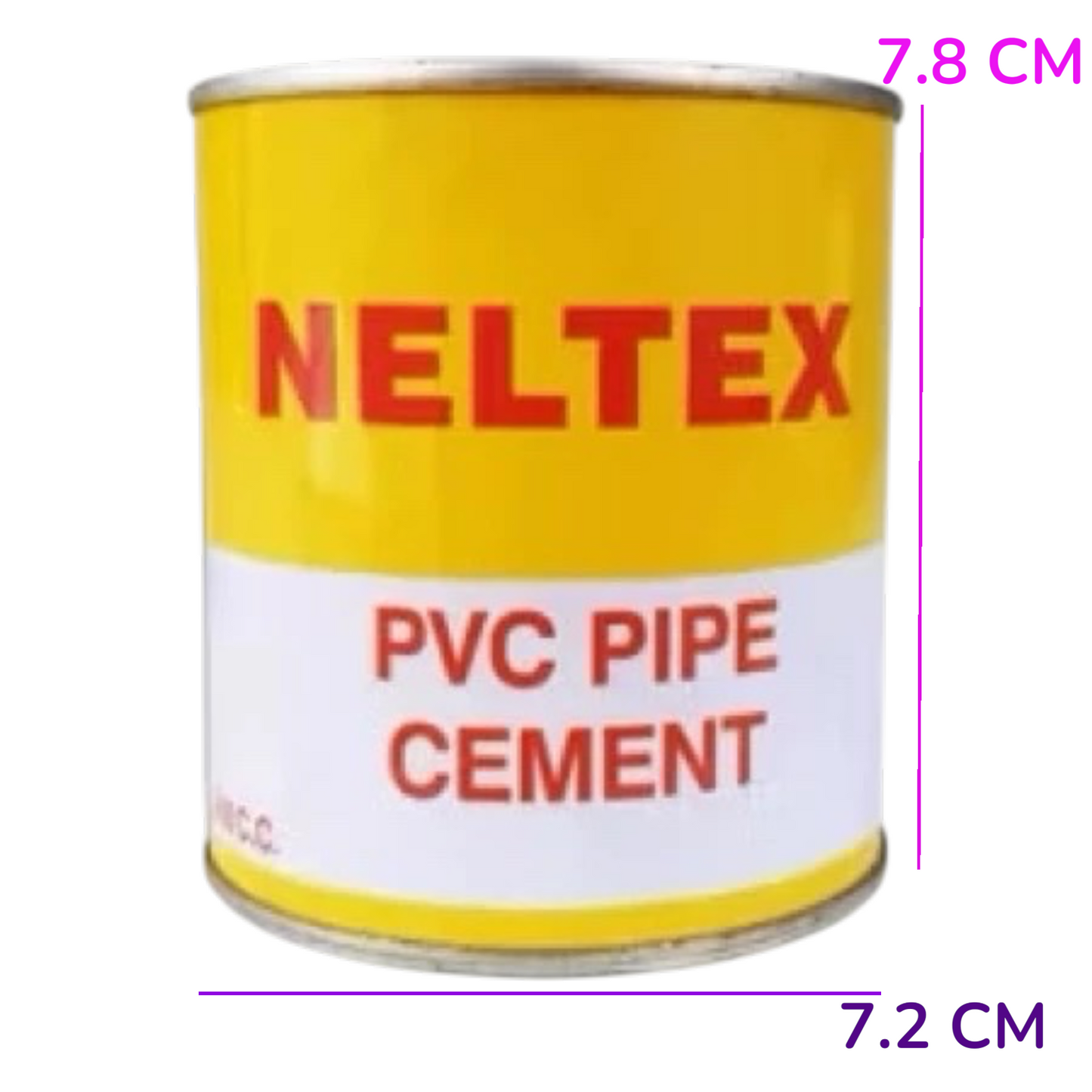 A yellow and white can of Neltex PVC Pipe Cement with purple dimension lines indicating a height of 7.8 cm and a width of 7.