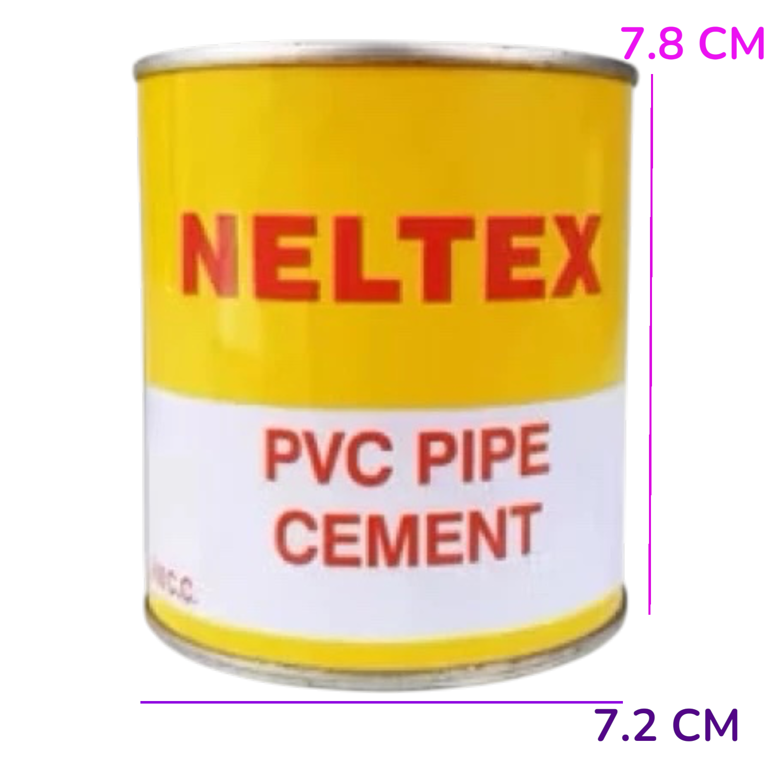 A yellow and white can of Neltex PVC Pipe Cement with purple dimension lines indicating a height of 7.8 cm and a width of 7.