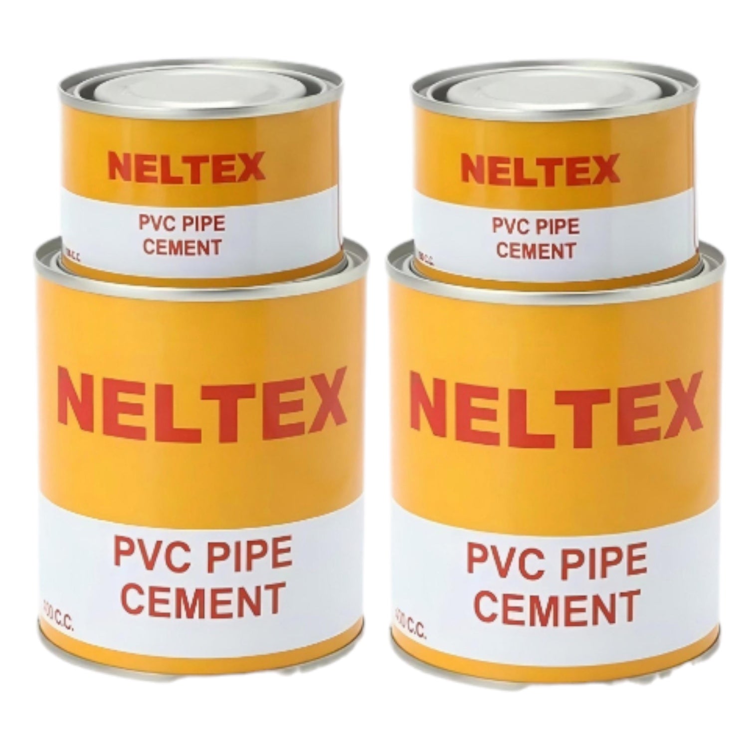 Four yellow and white Neltex PVC Pipe Cement cans arranged in two pairs of two on a plain white background.