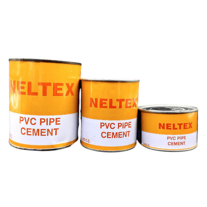 Three orange and white metal cans of Neltex PVC Pipe Cement in different sizes, arranged against a plain white background.