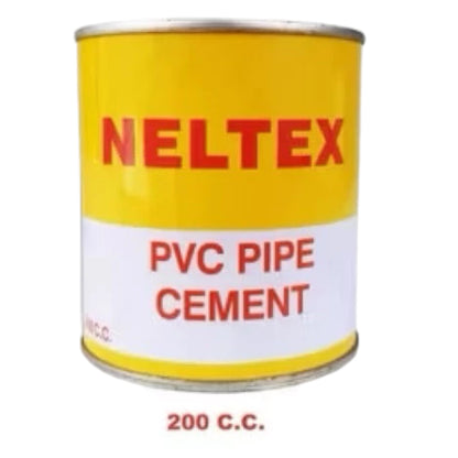 A yellow and white metal can of Neltex PVC Pipe Cement with red lettering, shown on a plain white background with '200 C.C.