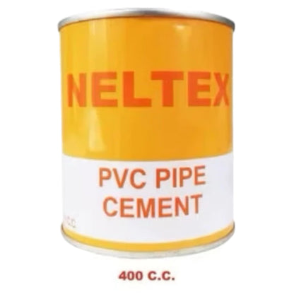 A yellow and white can of Neltex PVC Pipe Cement, 400 C.C., shown against a plain white background.