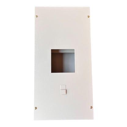 A white rectangular metal panel with a square cutout in the center and a small switch-like tab below it, shown on a plain white background.