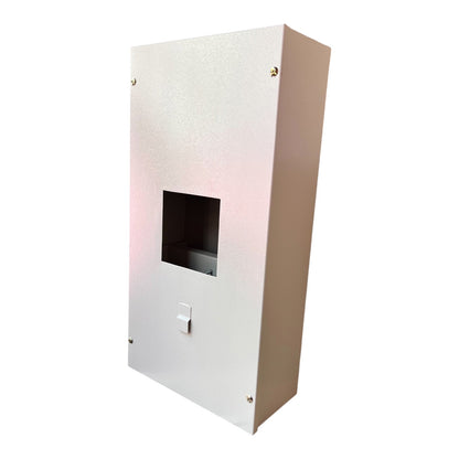 A tall, rectangular white metal electrical cabinet or enclosure with a square cutout on the front and a small switch, shown on a plain white background.