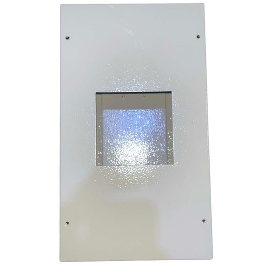A square white metal panel with a central square cutout containing a textured, glittery blue and silver reflective surface, secured with four screws.