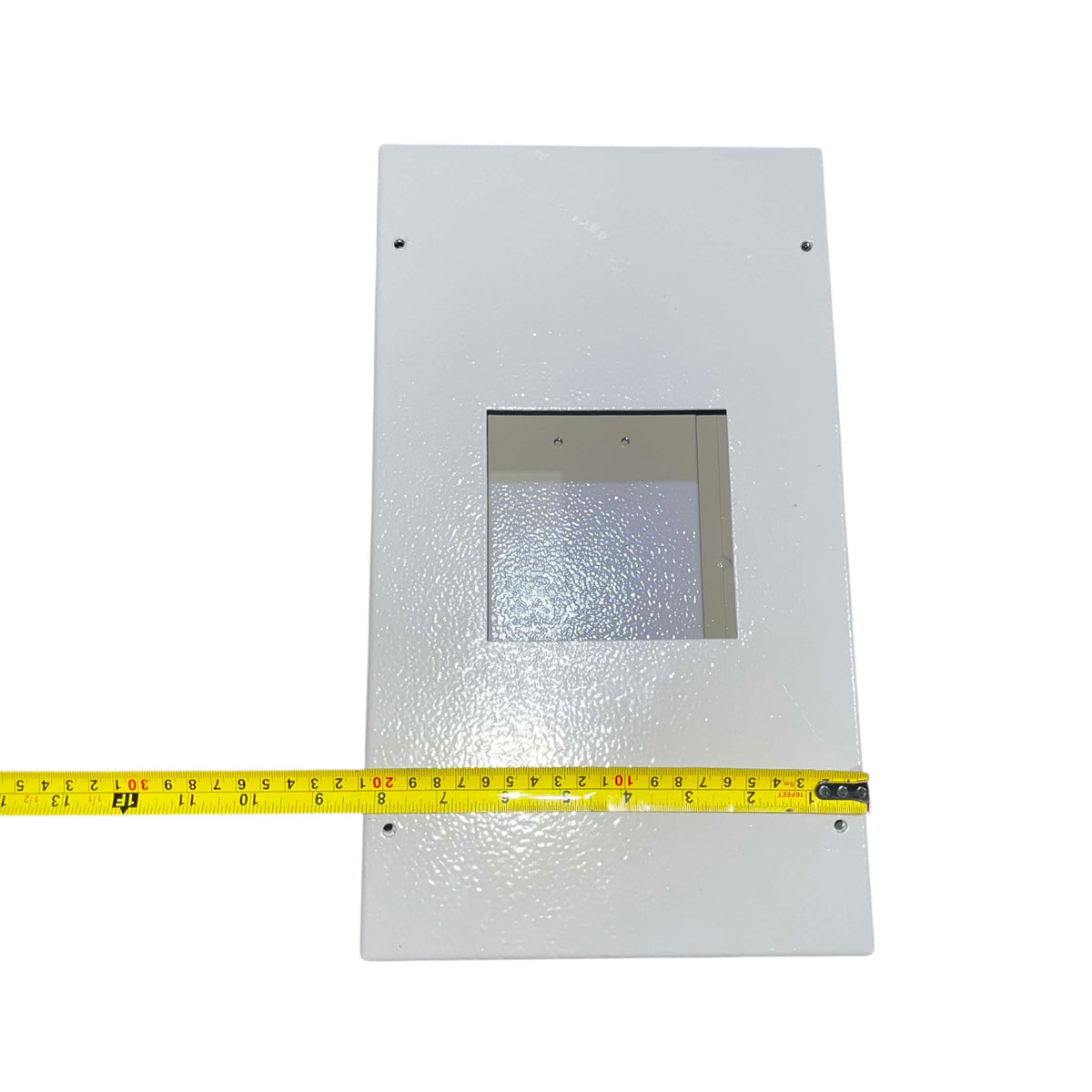 A white textured metal panel with a square cutout in the center, shown on a white background with a yellow tape measure extending horizontally to indicate its width.