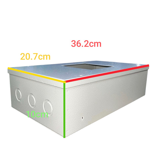 A metal electrical junction box shown on a white background with colored dimension lines and text indicating 36.2cm, 20.