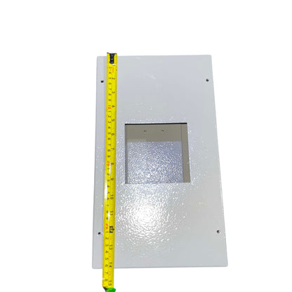 A white rectangular metal panel with a square cutout in the center, shown on a white background with a yellow tape measure along the left edge for size reference.