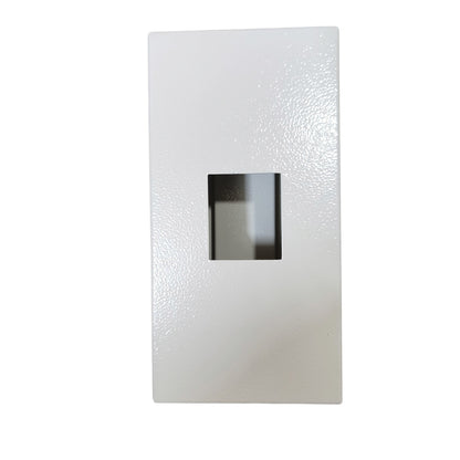 A white textured rectangular wall plate or cover with a square cutout in the center, shown against a plain white background.