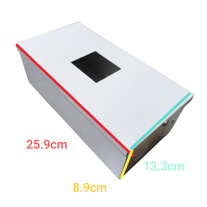 A white rectangular metal box with a square cutout on top, shown on a white background with colored dimension labels reading 25.9cm, 13.