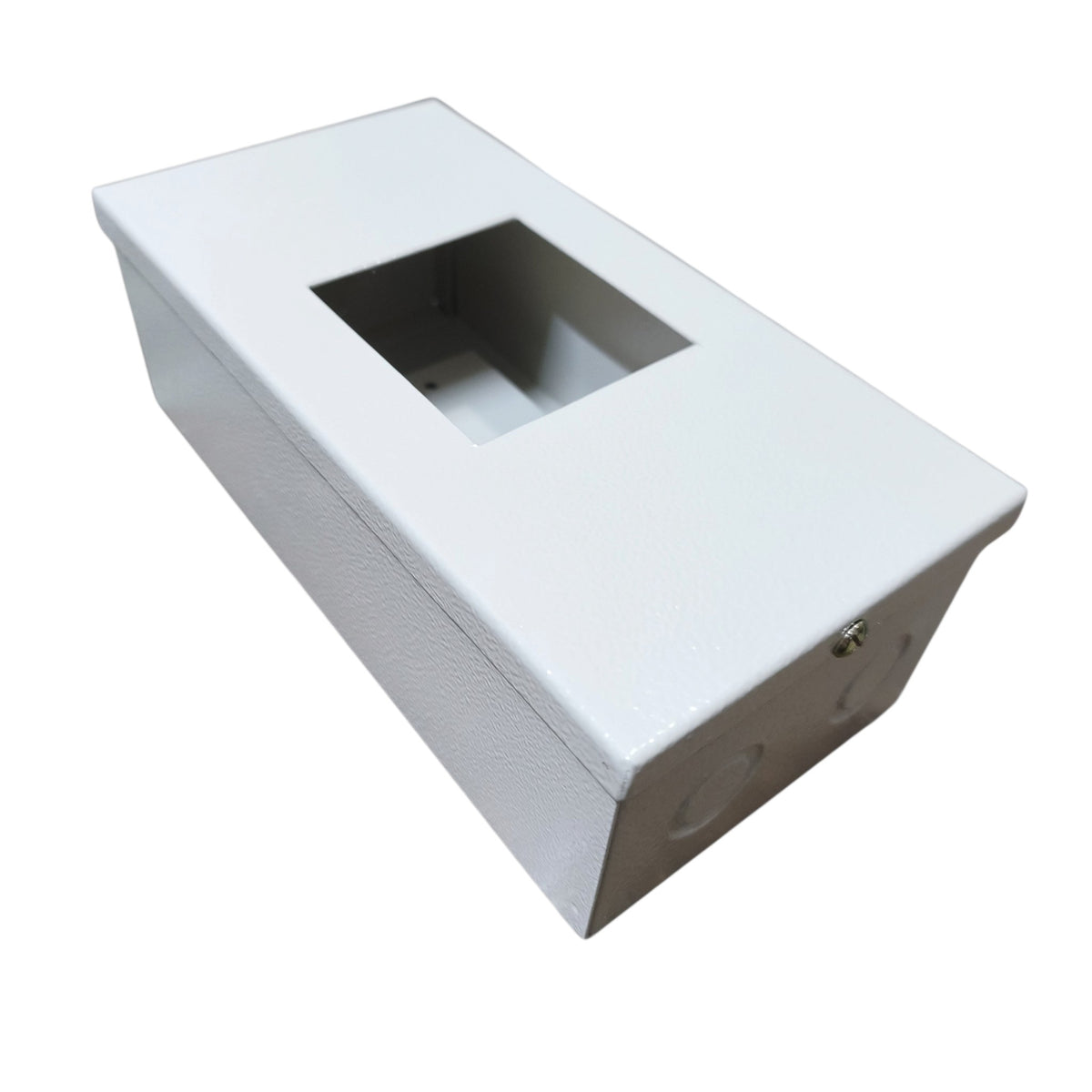 A white textured metal junction box with a rectangular cutout on top, shown at an angle on a white background.