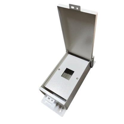 A silver metal electrical junction box with its lid open, showing a central square cutout, photographed on a solid white background.
