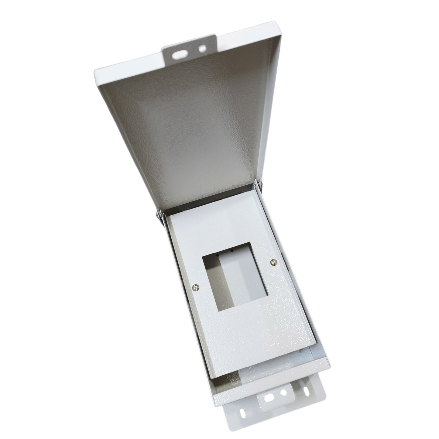 A white metal electrical junction box with an open hinged lid, featuring a central rectangular cutout and mounting brackets on the bottom, shown on a plain white background.