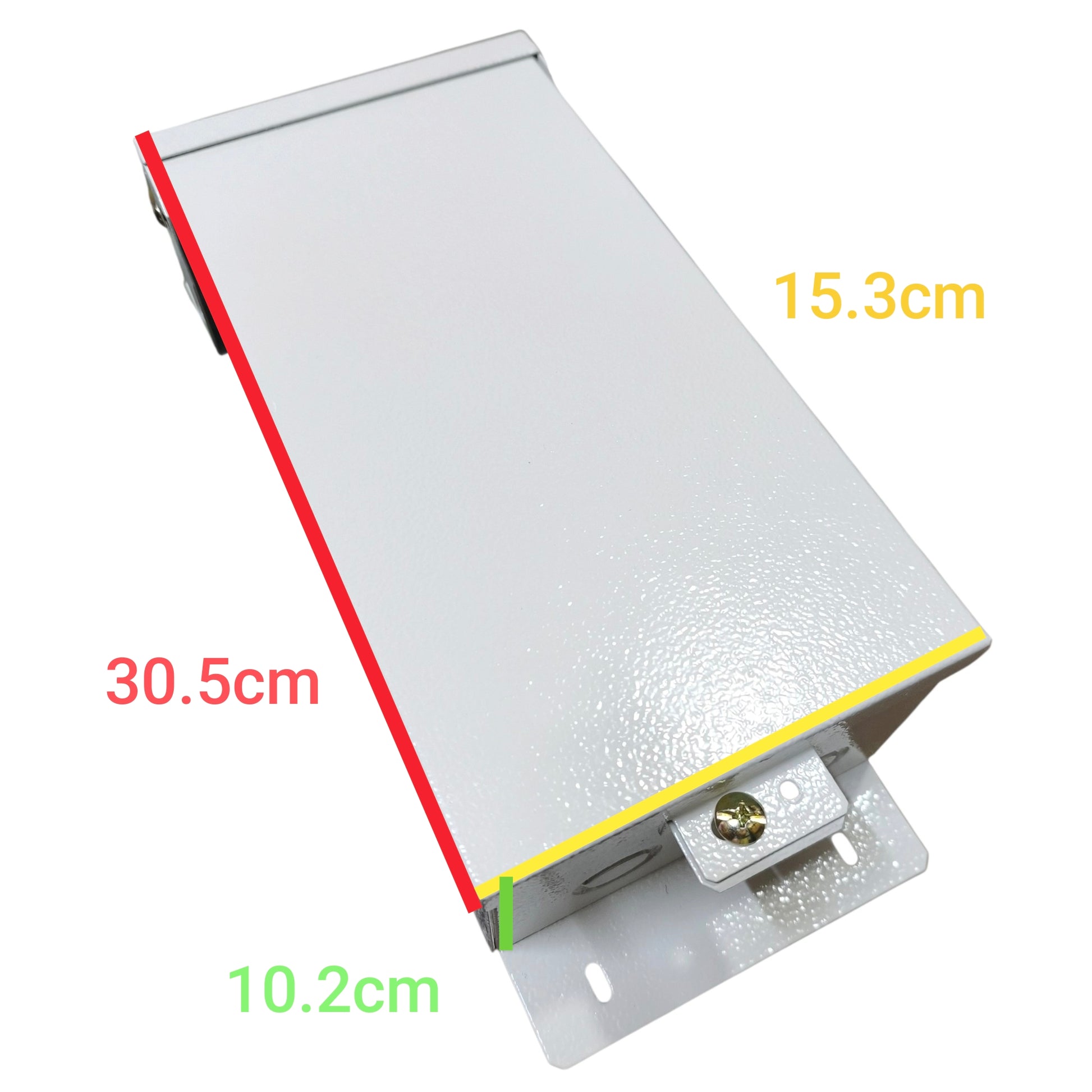 A white metal electrical junction box shown at an angle with dimension labels in red, yellow, green, and orange indicating measurements of 30.5cm, 15.