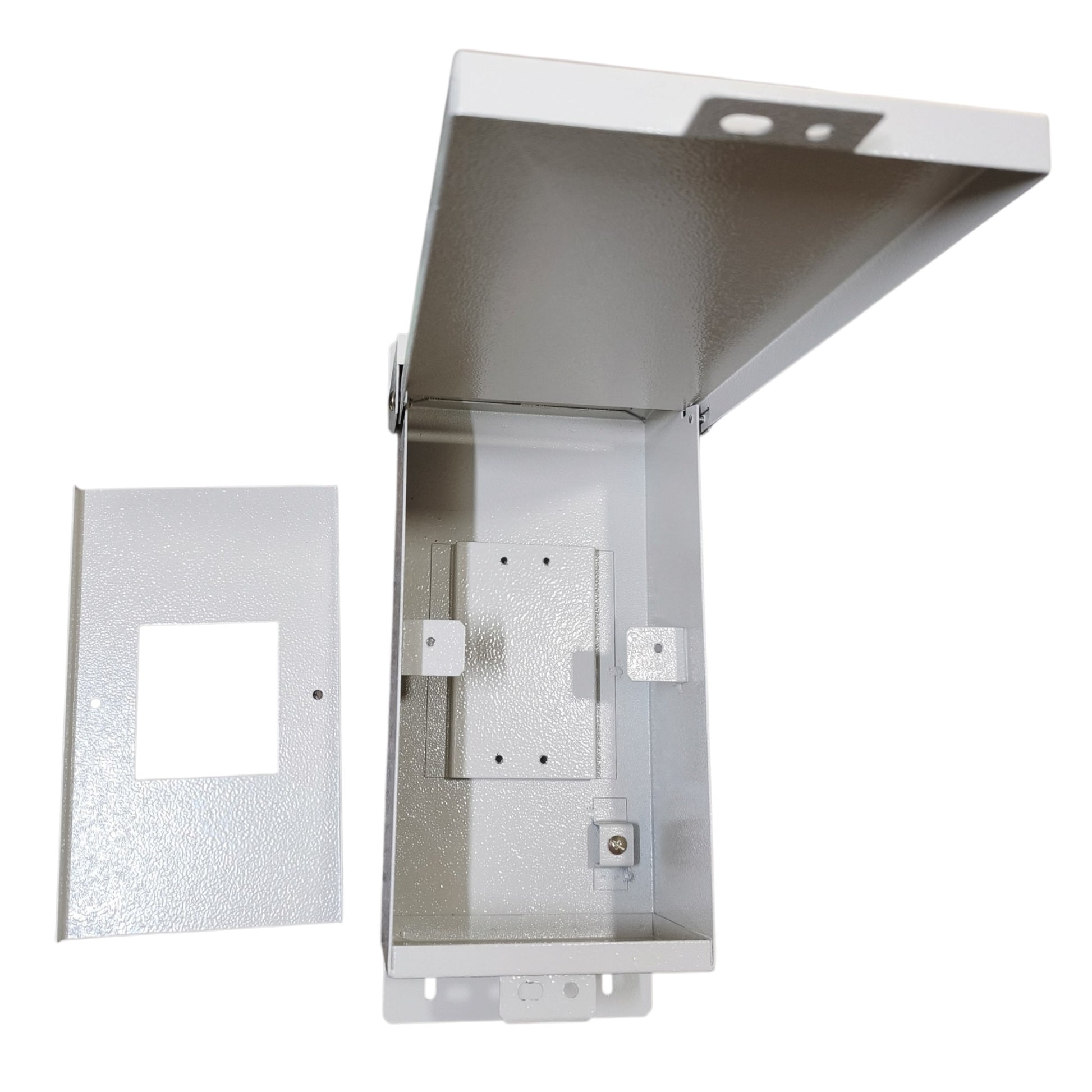 A silver metal electrical junction box with its hinged lid open, shown alongside a separate textured front cover plate on a plain white background.
