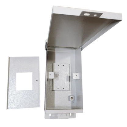 A silver metal electrical junction box with its hinged lid open, shown alongside a separate textured front cover plate on a plain white background.