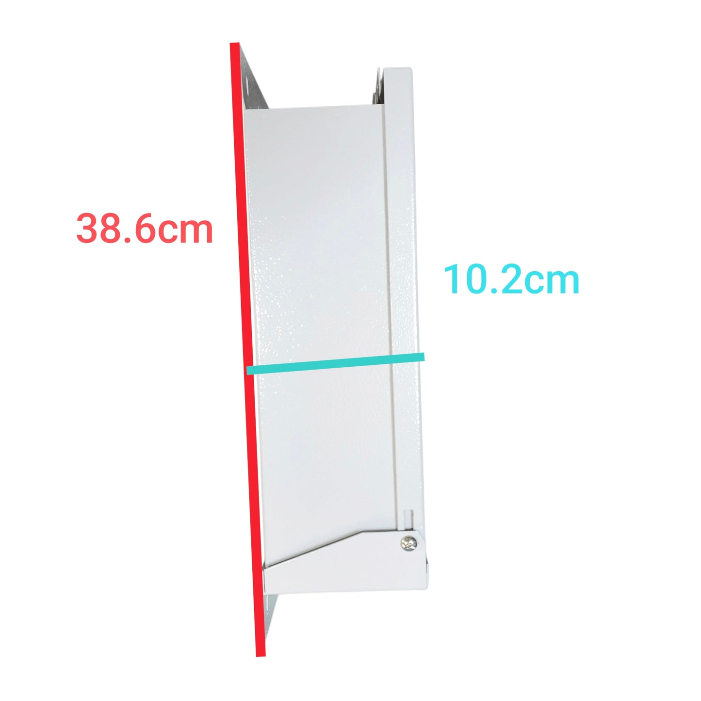 White rectangular wall-mounted cabinet or panel shown in side view on a light gray background, with red and cyan dimension lines and text indicating 38.6 cm height and 10.