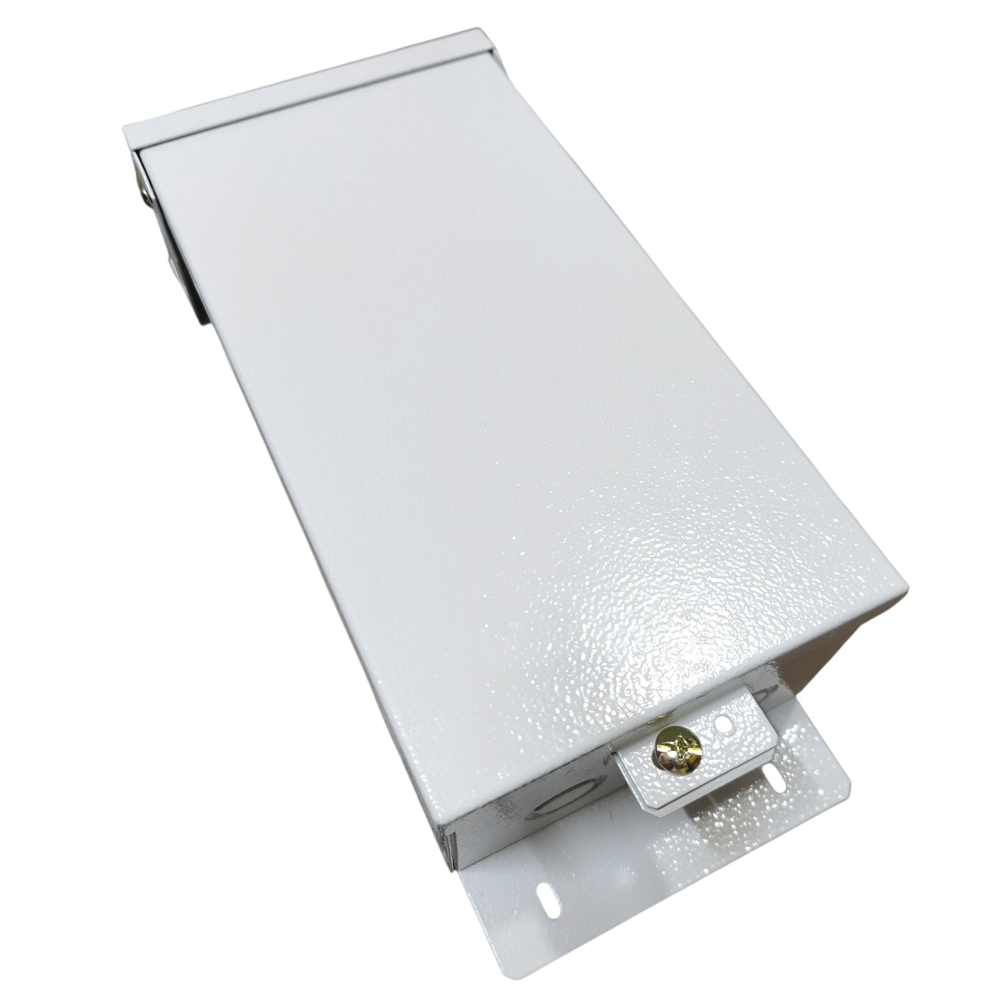 A white metal electrical junction box with a textured finish, featuring a mounting bracket and a gold-colored screw on a clean white background.