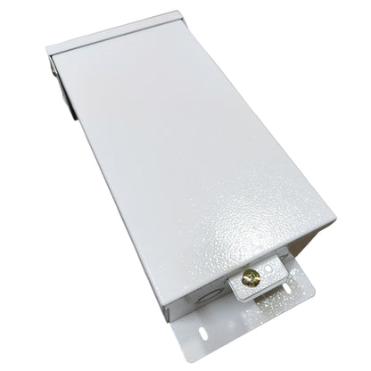 A white metal electrical junction box with a textured finish, featuring a mounting bracket and a gold-colored screw on a clean white background.