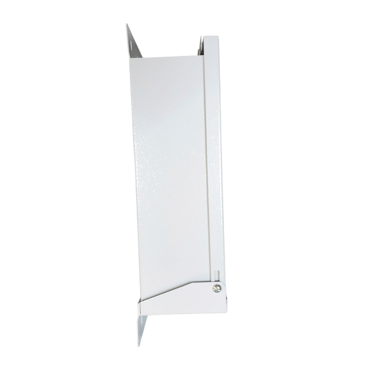 A white metal wall-mounted cabinet or enclosure shown in side profile against a plain white background.