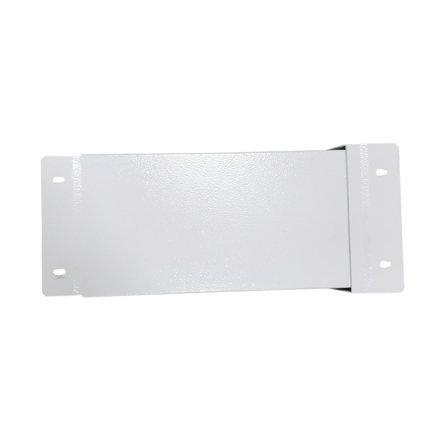 A white metal mounting bracket with pre-drilled screw holes on both ends, shown against a plain white background.
