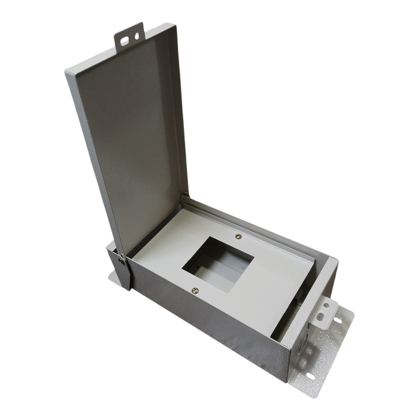 A gray metal electrical junction box with its lid open, showing a central square opening, photographed on a solid white background.