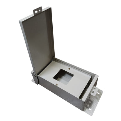 A gray metal electrical junction box with its lid open, showing a central square opening, photographed on a solid white background.