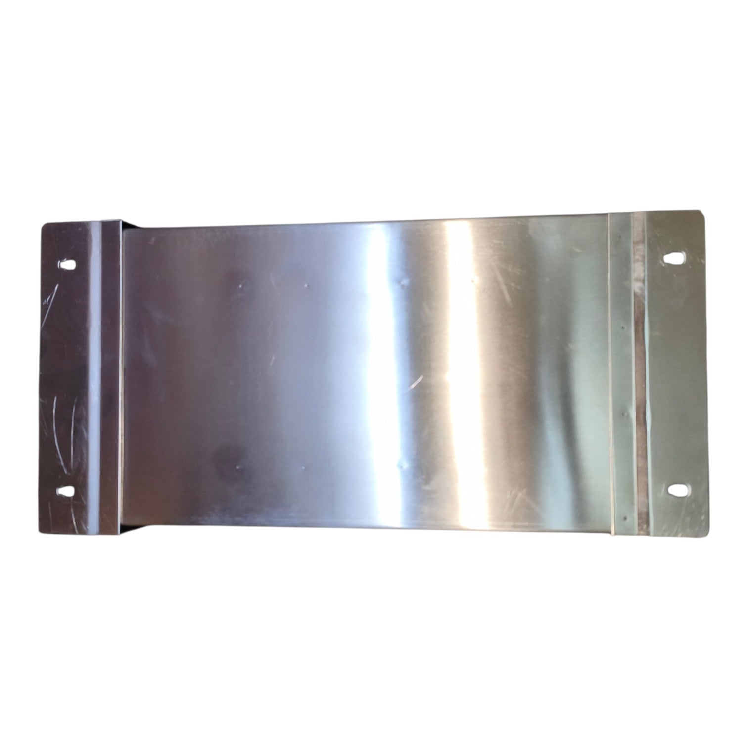 A rectangular stainless steel mounting bracket with flanged sides and pre-drilled screw holes, shown on a plain white background.