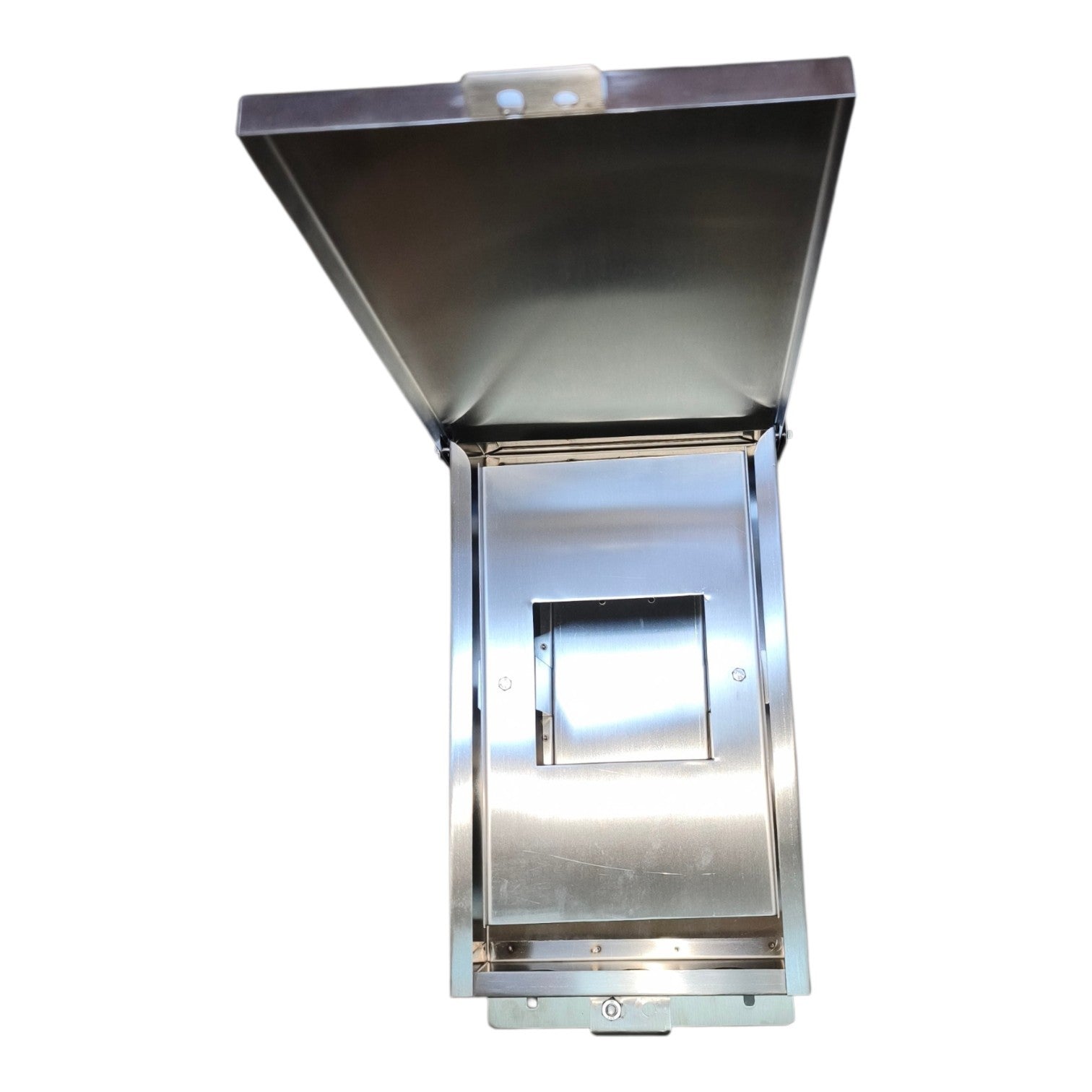 A stainless steel industrial or commercial appliance component, featuring an open hinged lid and a central square opening, shown against a plain white background.